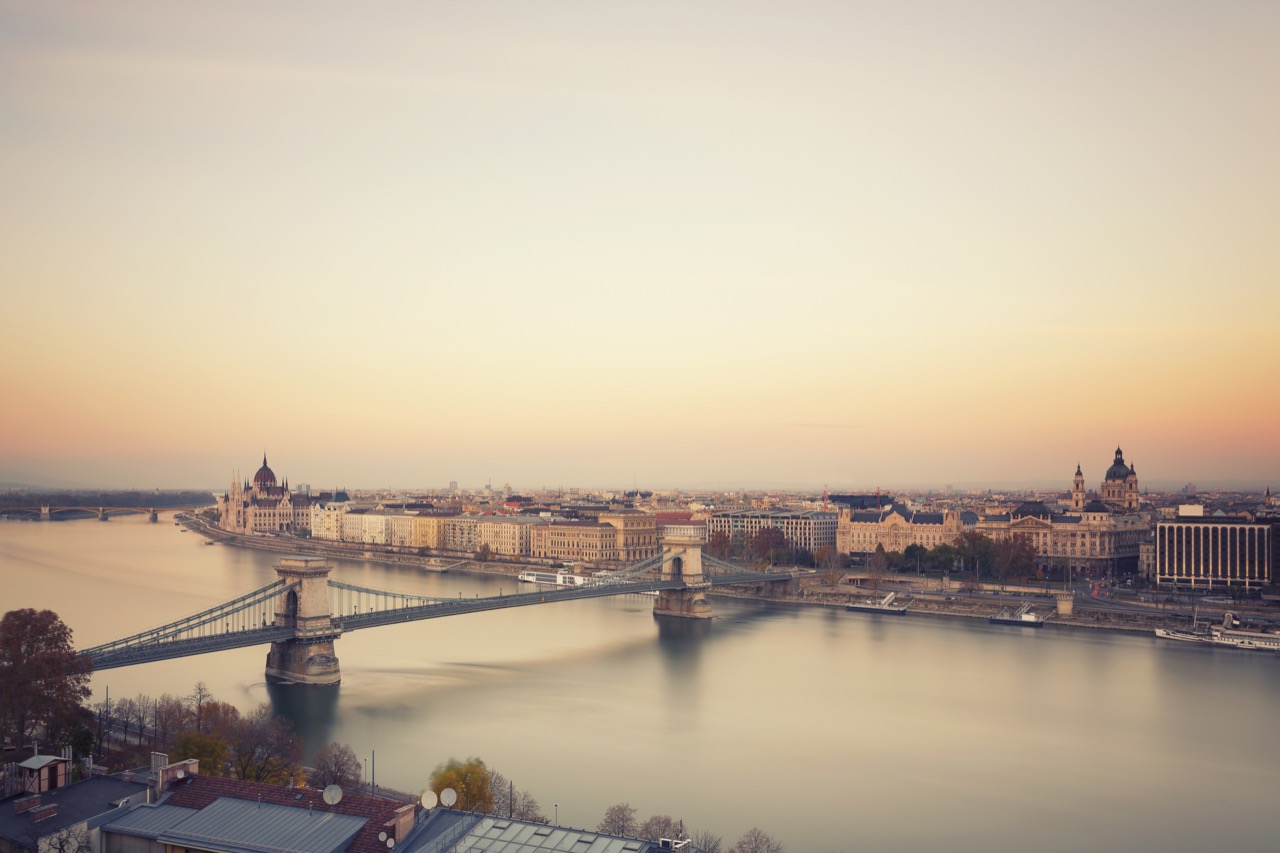 Budapest cityscape with Chain Bridge, St Stephen's Basilica and Parliament